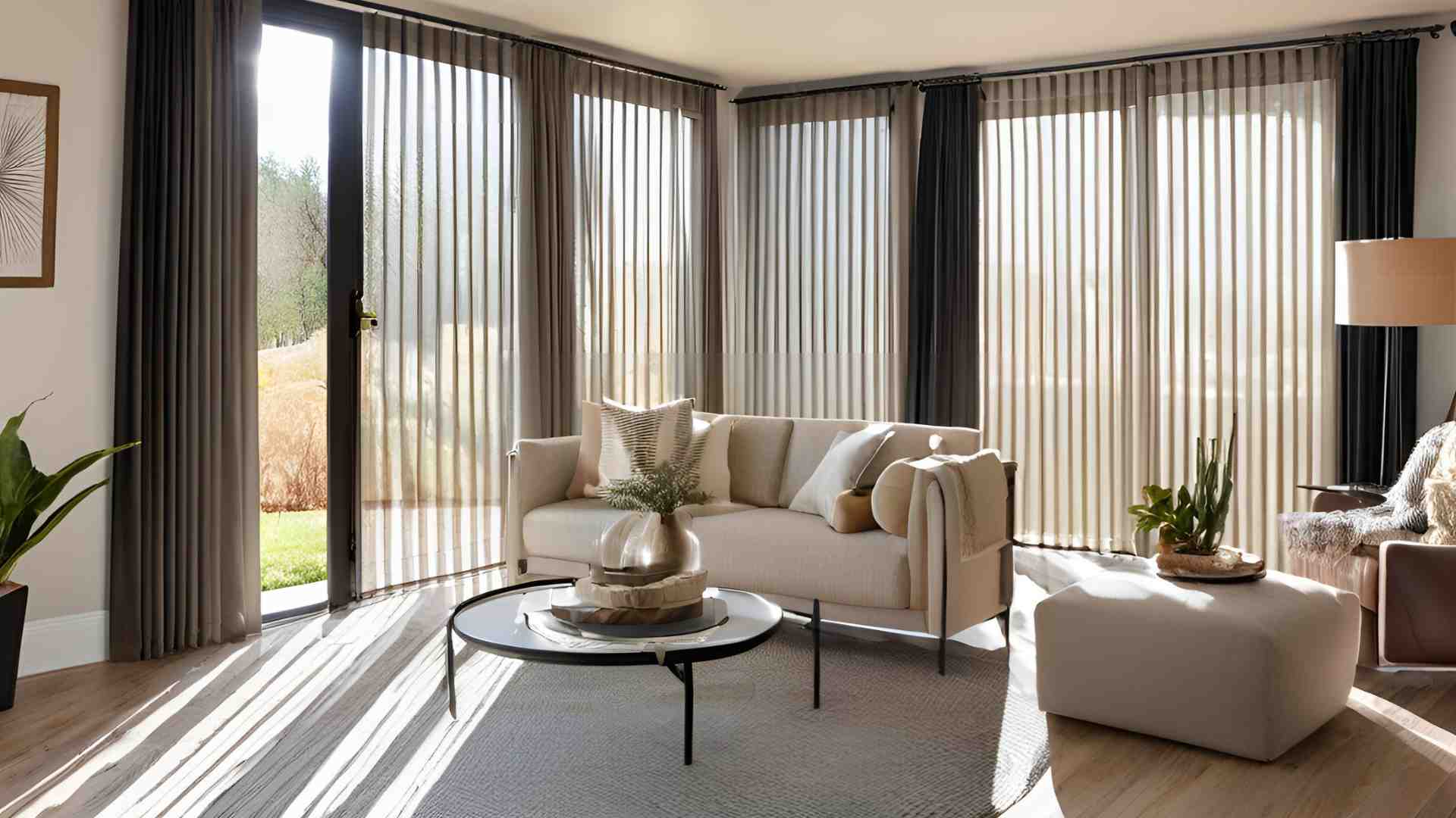 a living room with sliding glass doors and blinds